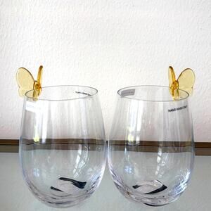 Godinger Yellow Butterfly Stemless Wine Glass Set of 2 Chic Summer Barware NEW